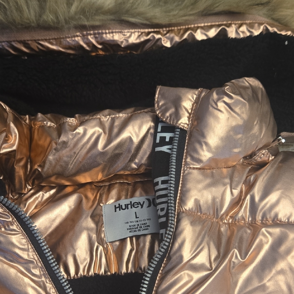 Nwt Girls HURLEY Rose Gold Puffer Jacket with Faux Fur Hood SIZE LARGE - Picture 2 of 5